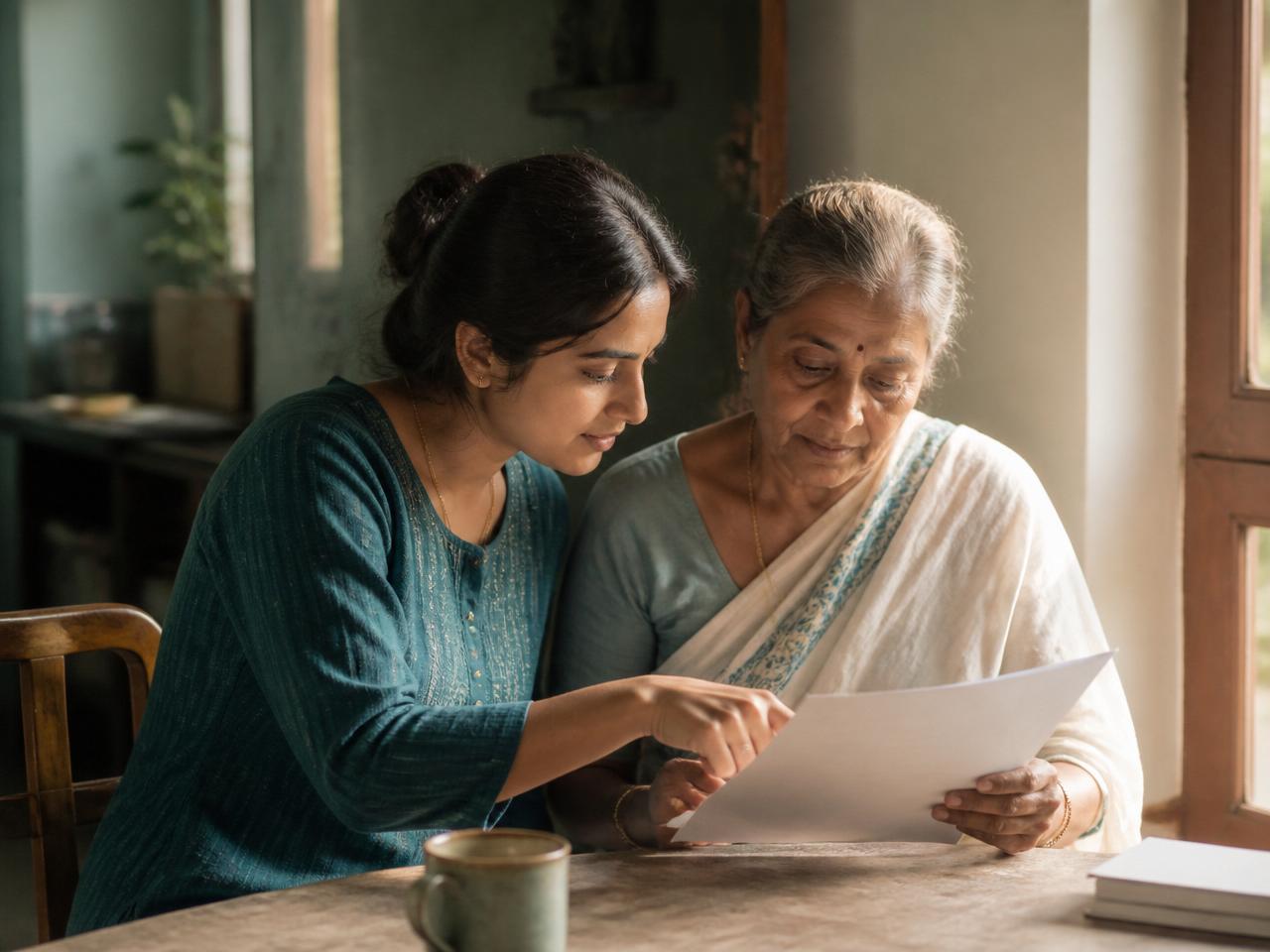 A daughter gently explaining an MRI report to her mother by a sunlit window in an Indian home